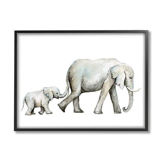 Stupell Industries Baby Elephant Mother Watercolor Painting Nursery Safari Animals Framed Wall Art